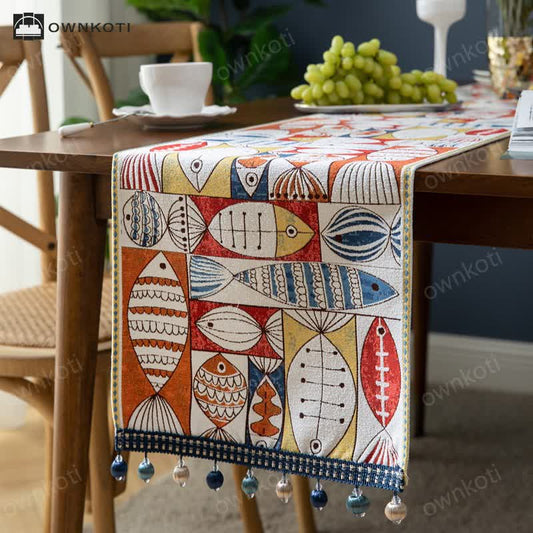 Brighthowl Fish Chenille Tassel Decorative Table Runner