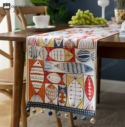 Brighthowl Fish Chenille Tassel Decorative Table Runner