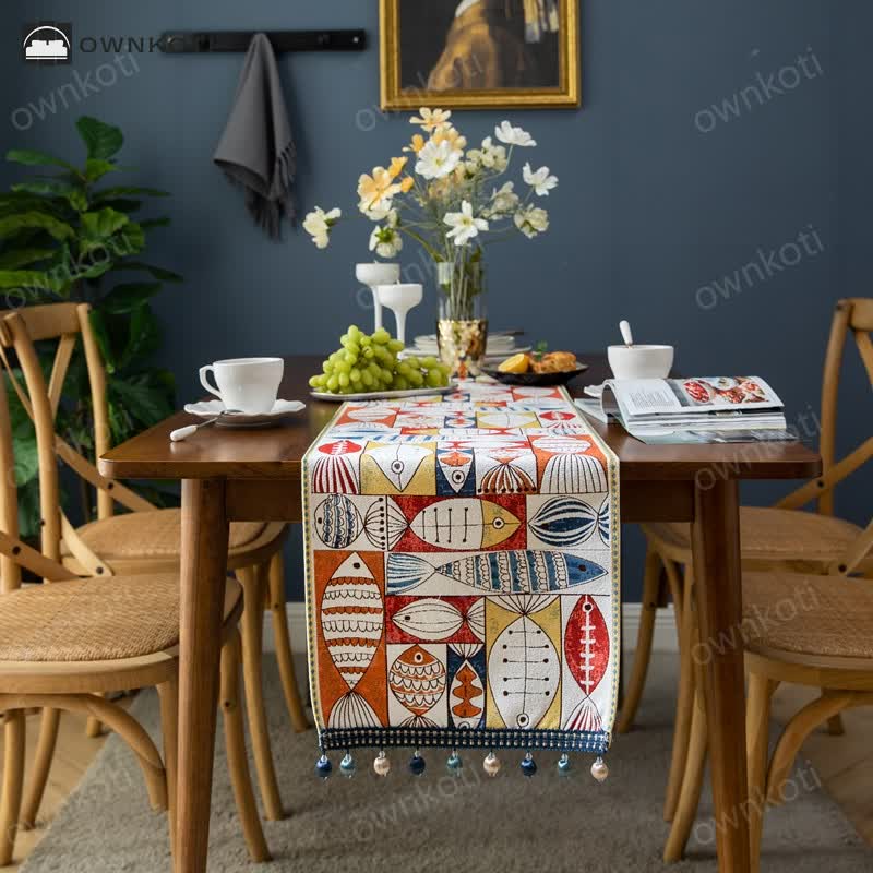 Brighthowl Fish Chenille Tassel Decorative Table Runner