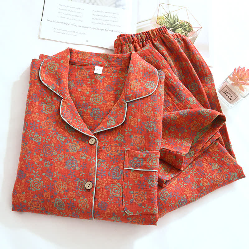 Brighthowl Rose Flower Cotton Lapel Nightwear Set