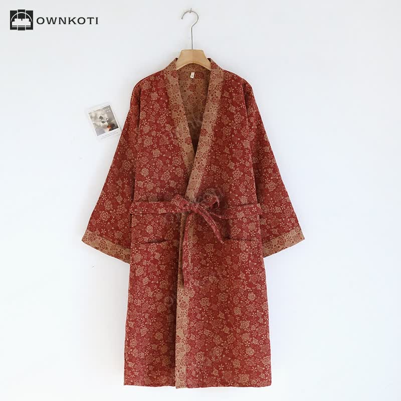 Brighthowl Vintage Rose Kimono Cotton Gauze Bathrobe