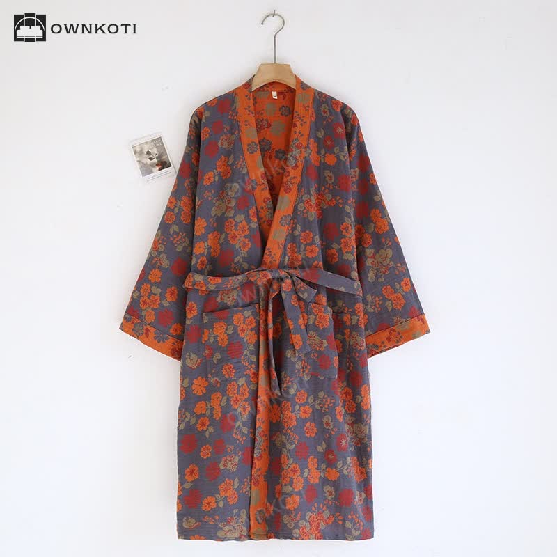 Brighthowl Jacquard Floral Kimono Cotton Gauze Bathrobe
