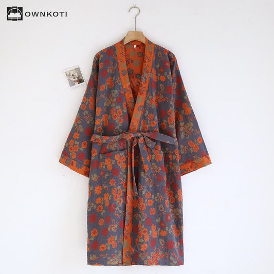 Brighthowl Jacquard Floral Kimono Cotton Gauze Bathrobe