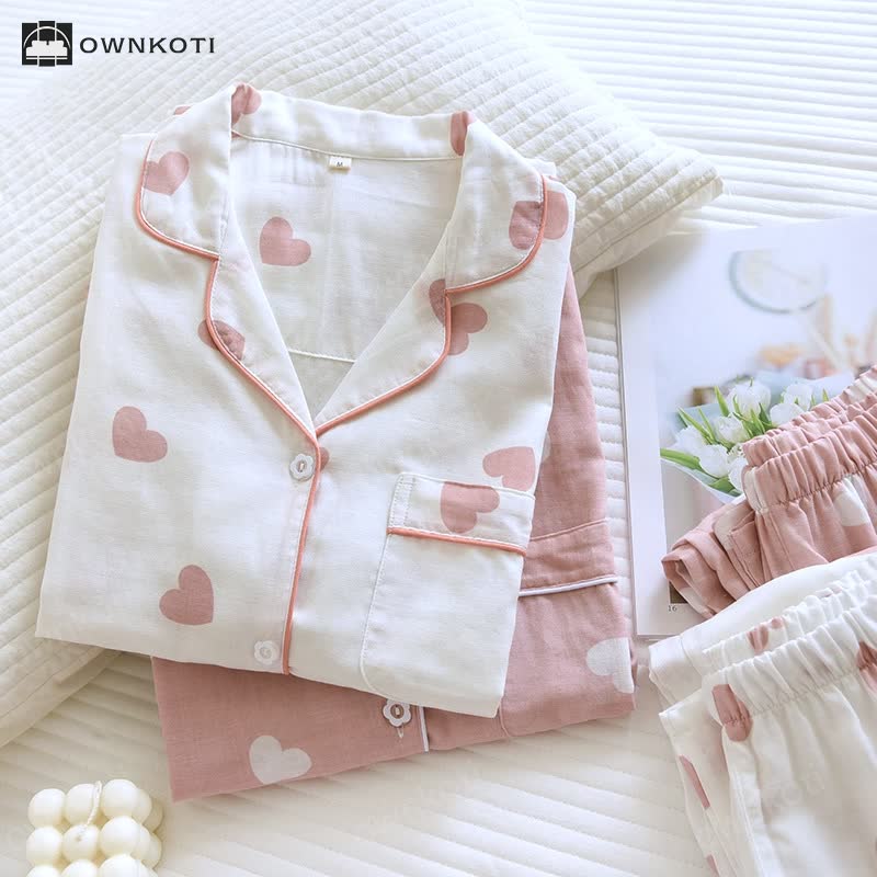 Brighthowl Cotton Gauze Heart Print Soft Pajama Set