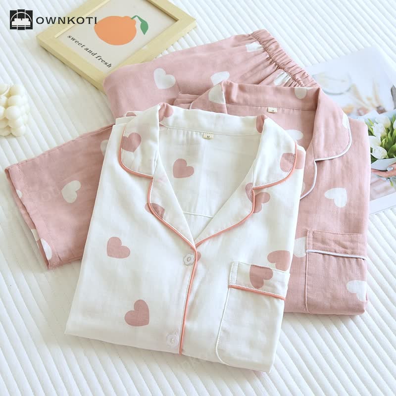 Brighthowl Cotton Gauze Heart Print Soft Pajama Set