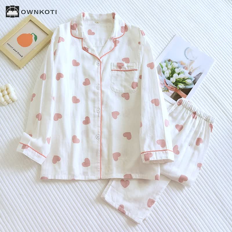 Brighthowl Cotton Gauze Heart Print Soft Pajama Set