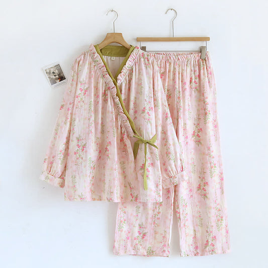 BrighthowlRose Print Cotton Gauze Asymmetric Front Loungewear Set