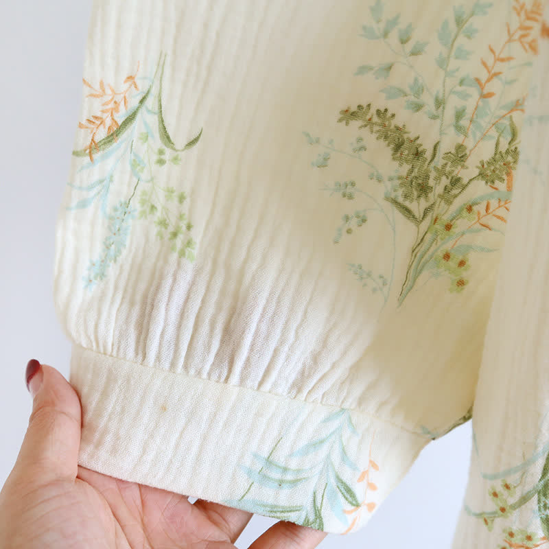 Brighthowl Plant Cotton Gauze Long Sleeve Nightgown with Pocket