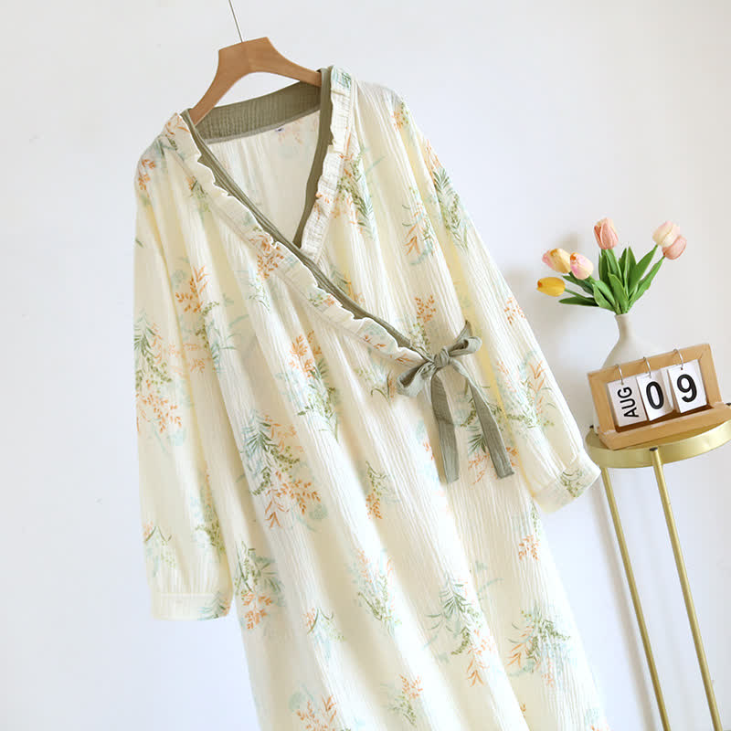 Brighthowl Plant Cotton Gauze Long Sleeve Nightgown with Pocket