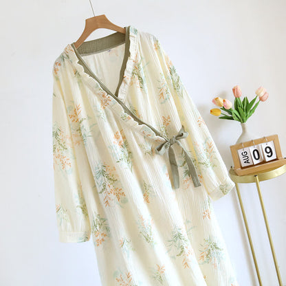 Brighthowl Plant Cotton Gauze Long Sleeve Nightgown with Pocket