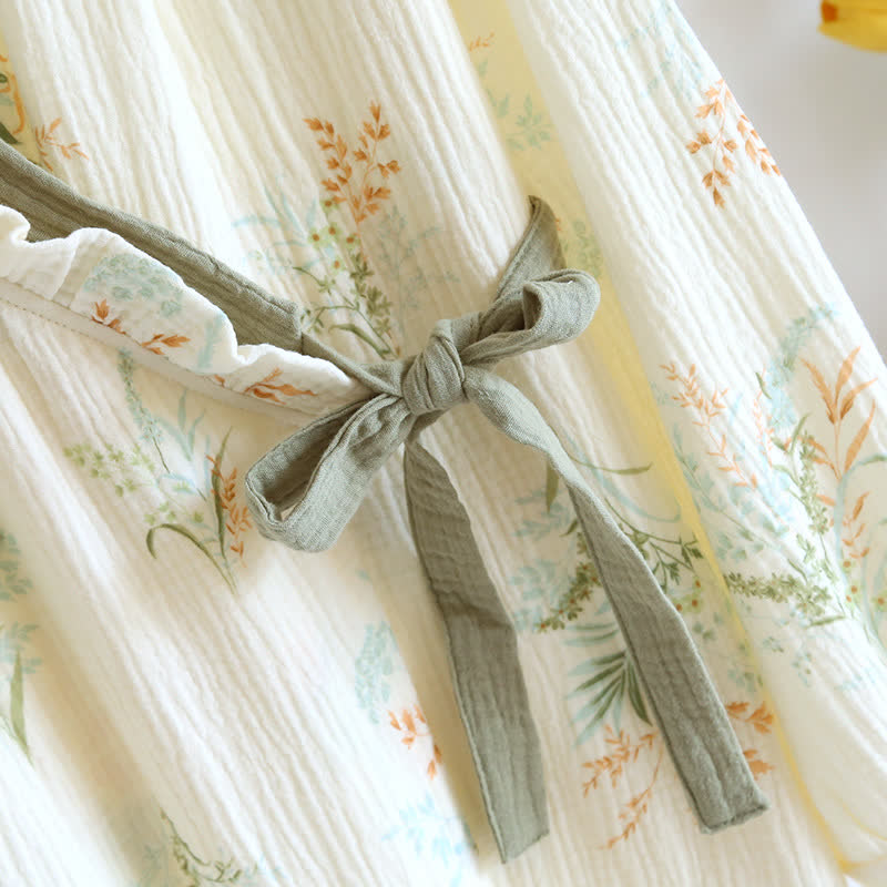 Brighthowl Plant Cotton Gauze Long Sleeve Nightgown with Pocket