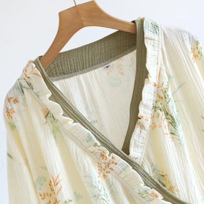 Brighthowl Plant Cotton Gauze Long Sleeve Nightgown with Pocket