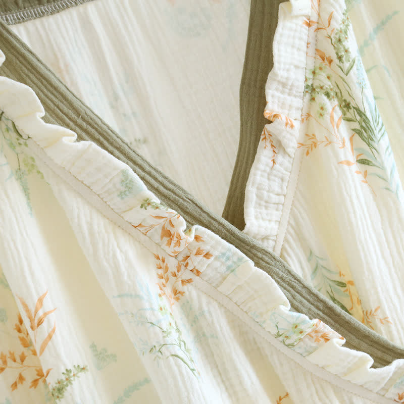 Brighthowl Plant Cotton Gauze Long Sleeve Nightgown with Pocket