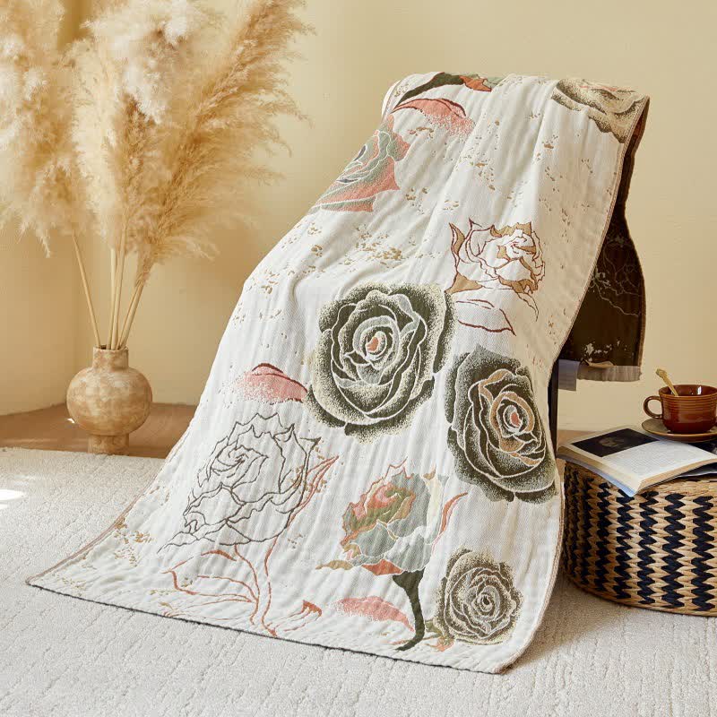 Brighthowl Rose Print Cotton Gauze Absorbent Quick Dry Bath Towel
