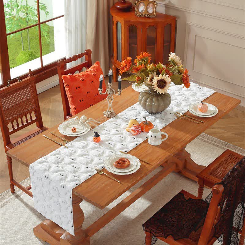 Brighthowl Halloween Plush Ghost Embroidered Table Runner