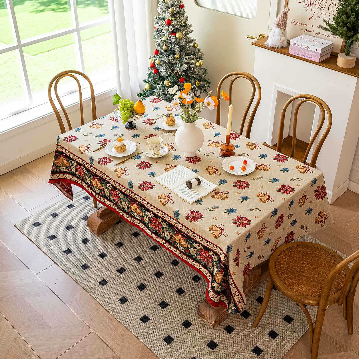 Brighthowl Christmas Bell Floral Jacquard Tablecloth