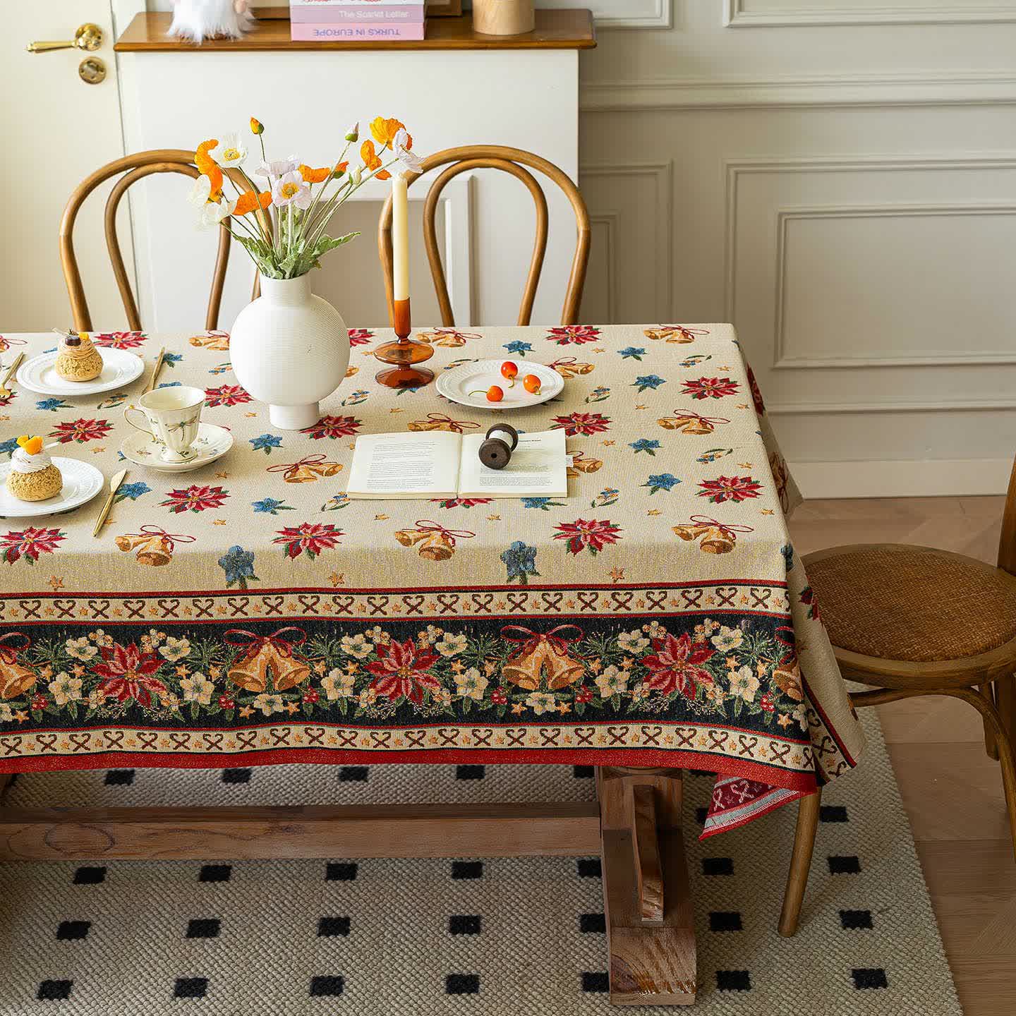 Brighthowl Christmas Bell Floral Jacquard Tablecloth