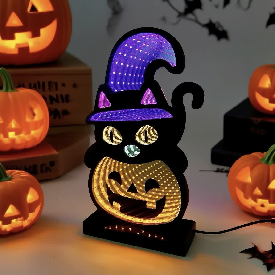 Brighthowl 3D Black Cat Pumpkin Infinity Lights