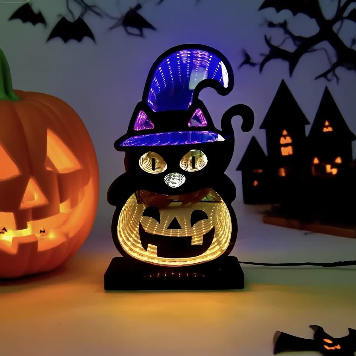 Brighthowl 3D Black Cat Pumpkin Infinity Lights
