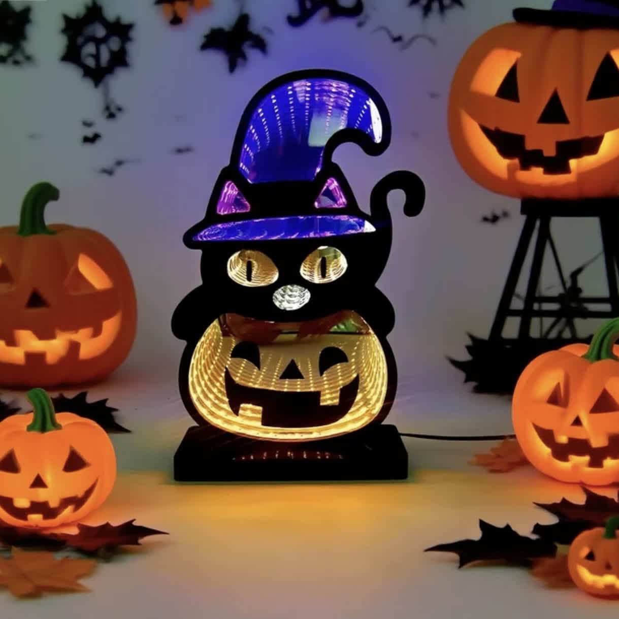 Brighthowl 3D Black Cat Pumpkin Infinity Lights