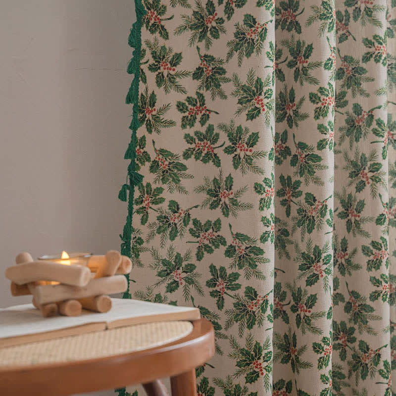Brighthowl Christmas Holly Leaf Print Curtain