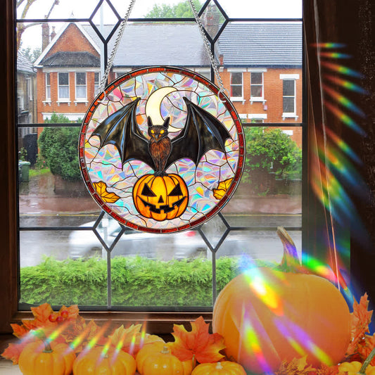 Brighthowl Pumpkin Bat Suncatcher Window Hanging