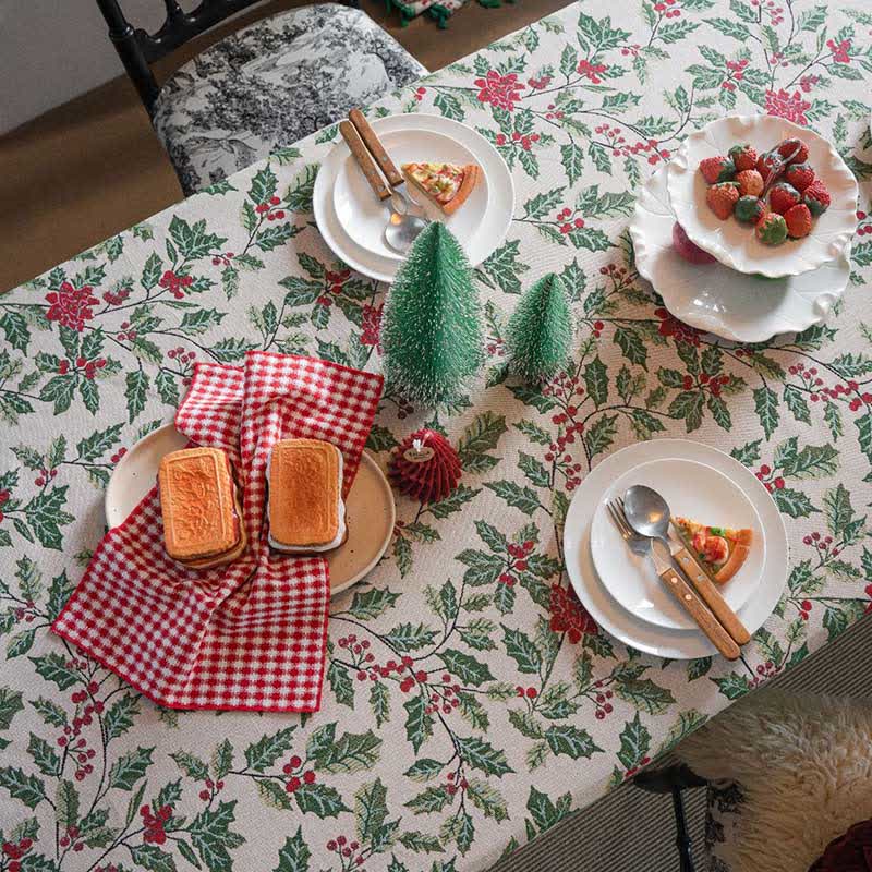 Brighthowl Christmas-inspired Holly Leaf Jacquard Tablecloth