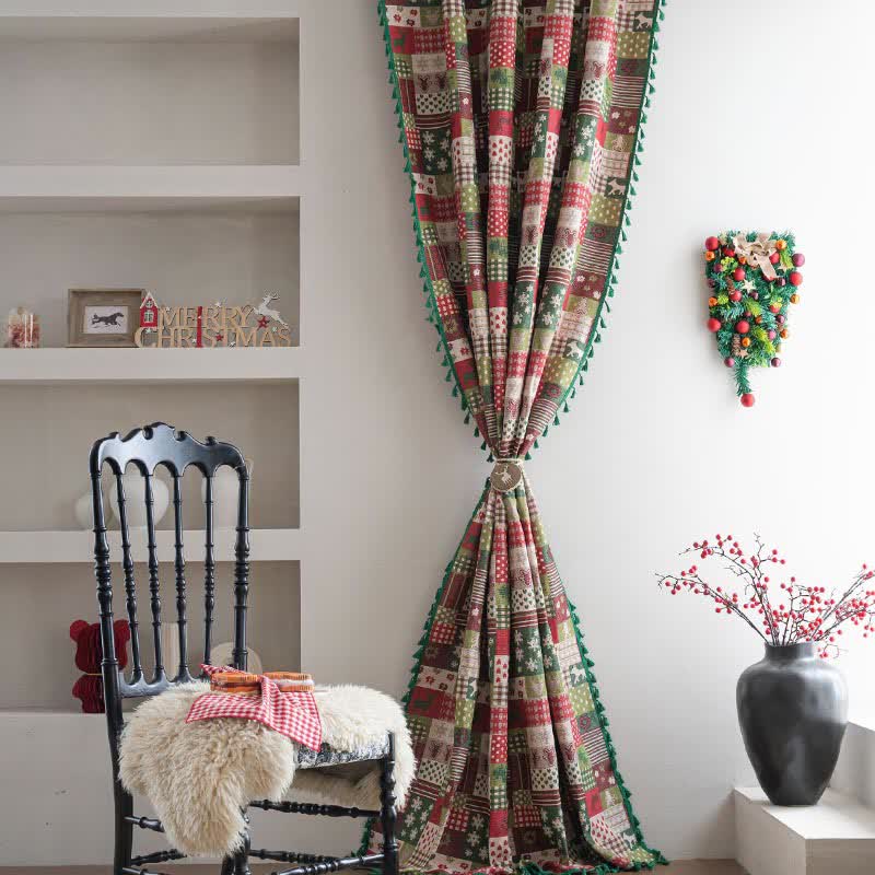 Brighthowl Patchwork Christmas-inspired Print Tassel Curtain