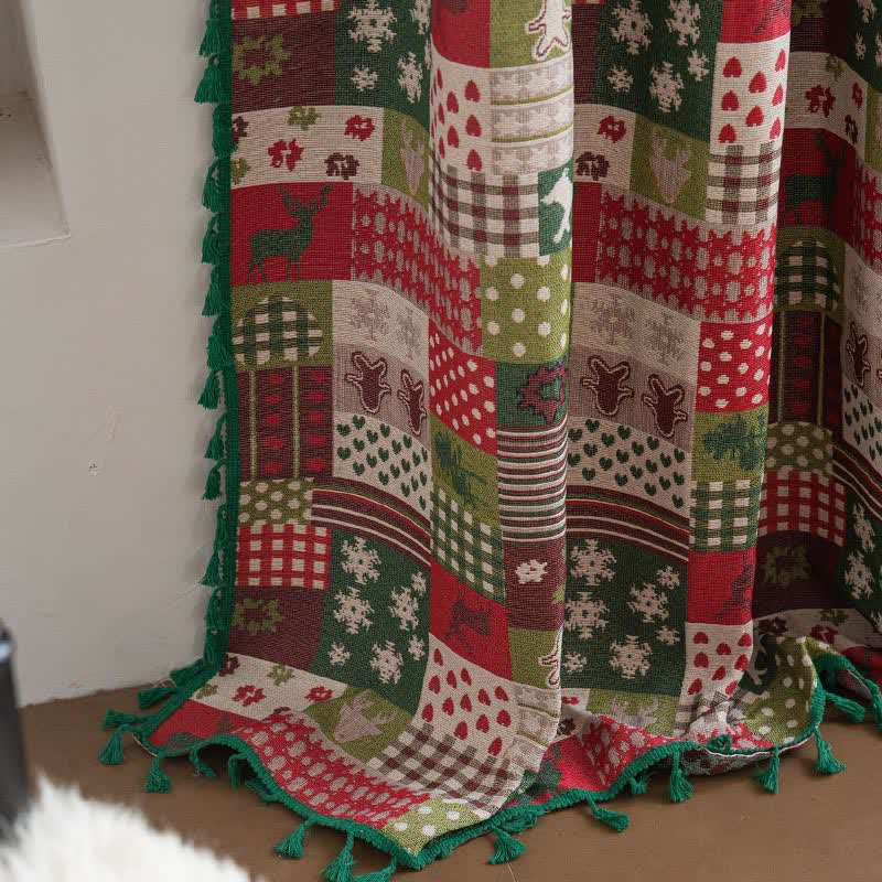 Brighthowl Patchwork Christmas-inspired Print Tassel Curtain
