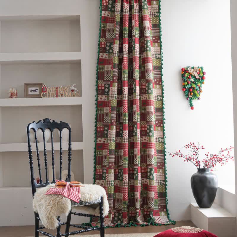 Brighthowl Patchwork Christmas-inspired Print Tassel Curtain