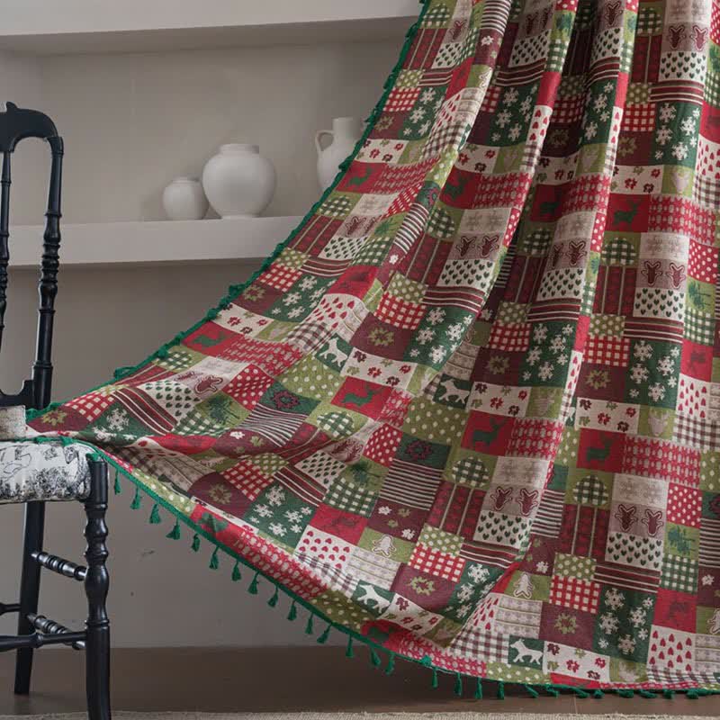Brighthowl Patchwork Christmas-inspired Print Tassel Curtain