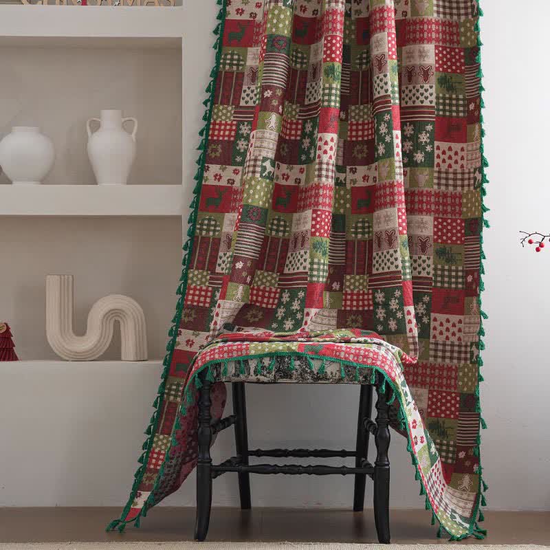 Brighthowl Patchwork Christmas-inspired Print Tassel Curtain