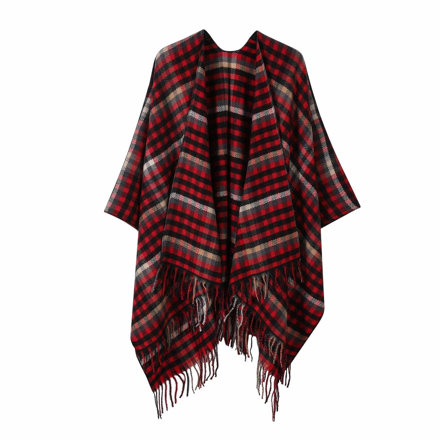 Brighthowl Vintage Plaid Tassel Travel Shawl Cape