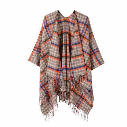 Brighthowl Vintage Plaid Tassel Travel Shawl Cape