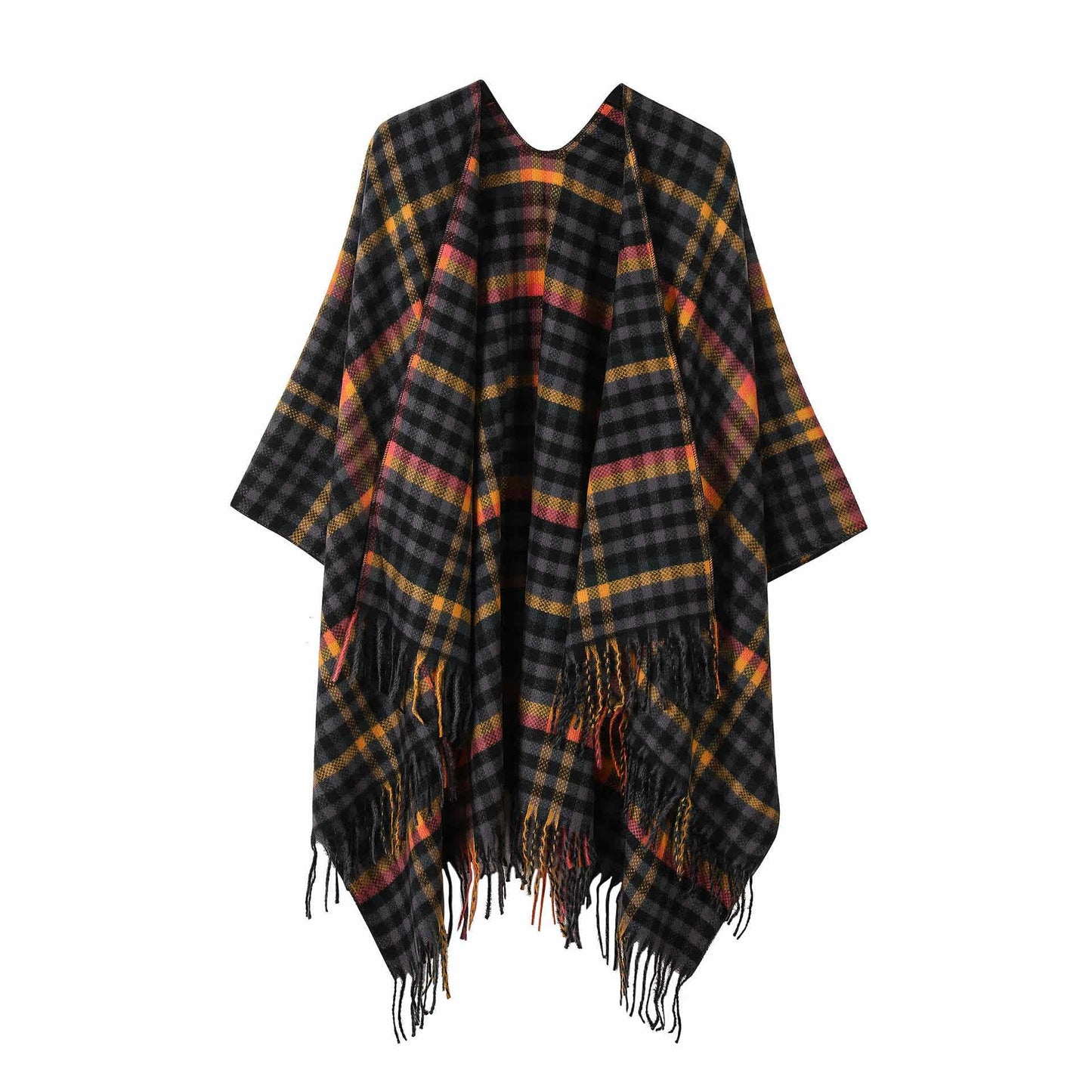 Brighthowl Vintage Plaid Tassel Travel Shawl Cape