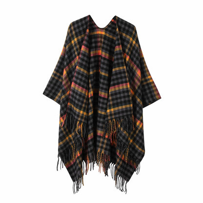 Brighthowl Vintage Plaid Tassel Travel Shawl Cape