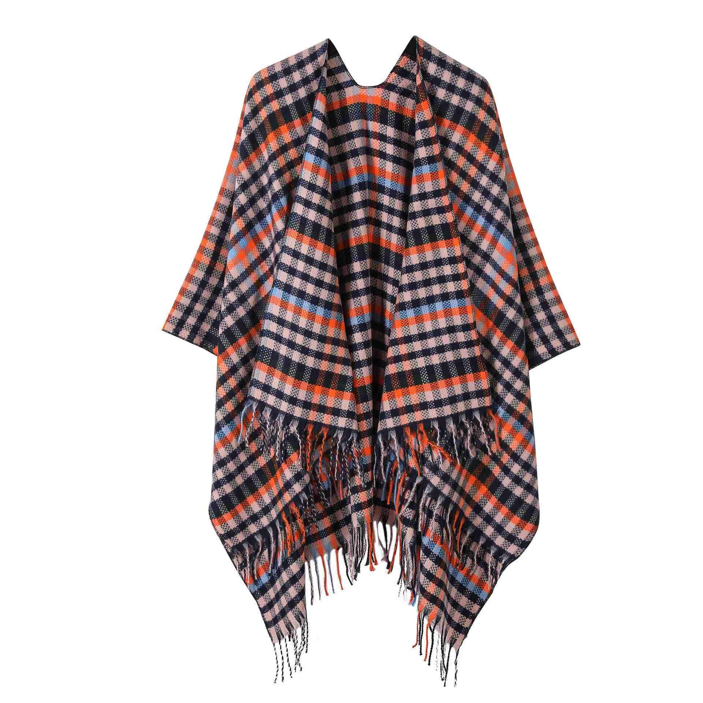 Brighthowl Vintage Plaid Tassel Travel Shawl Cape