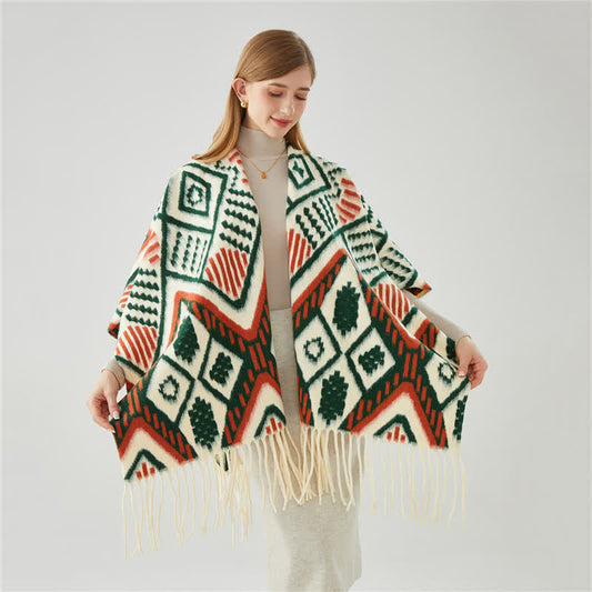 Brighthowl Ethnic Geometric Pattern Tassel Shawl Cape