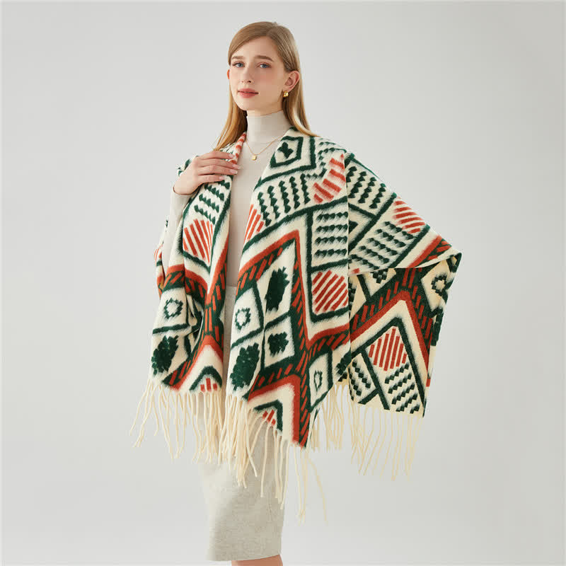 Brighthowl Ethnic Geometric Pattern Tassel Shawl Cape