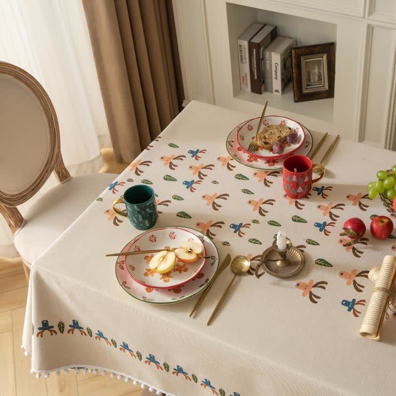 Brighthowl  Christmas Reindeer Jacquard Beige Tablecloth