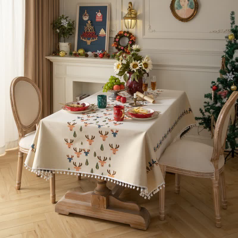 Brighthowl  Christmas Reindeer Jacquard Beige Tablecloth