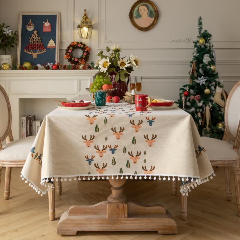 Brighthowl  Christmas Reindeer Jacquard Beige Tablecloth