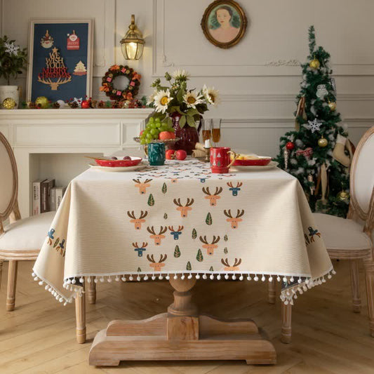 Brighthowl  Christmas Reindeer Jacquard Beige Tablecloth