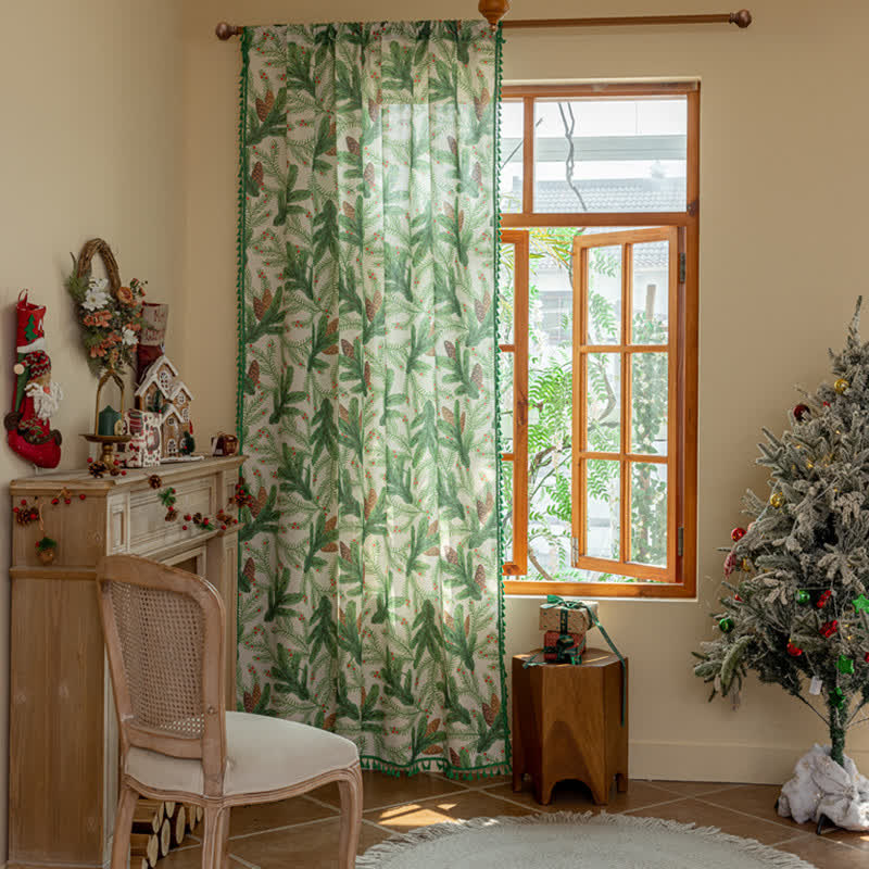 Brighthowl Pinecone Leaf Print Tassel Curtain