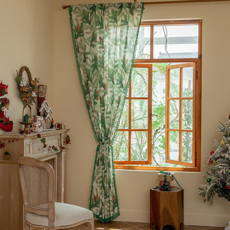 Brighthowl Pinecone Leaf Print Tassel Curtain