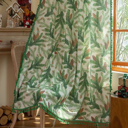 Brighthowl Pinecone Leaf Print Tassel Curtain