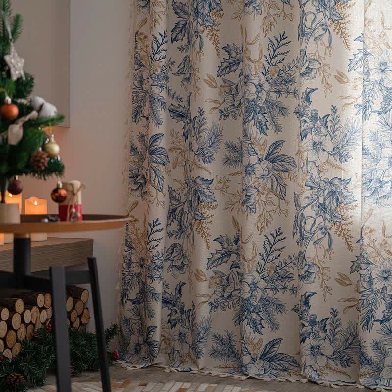 Brighthowl Blue Flower Pine Light Filtering Curtain