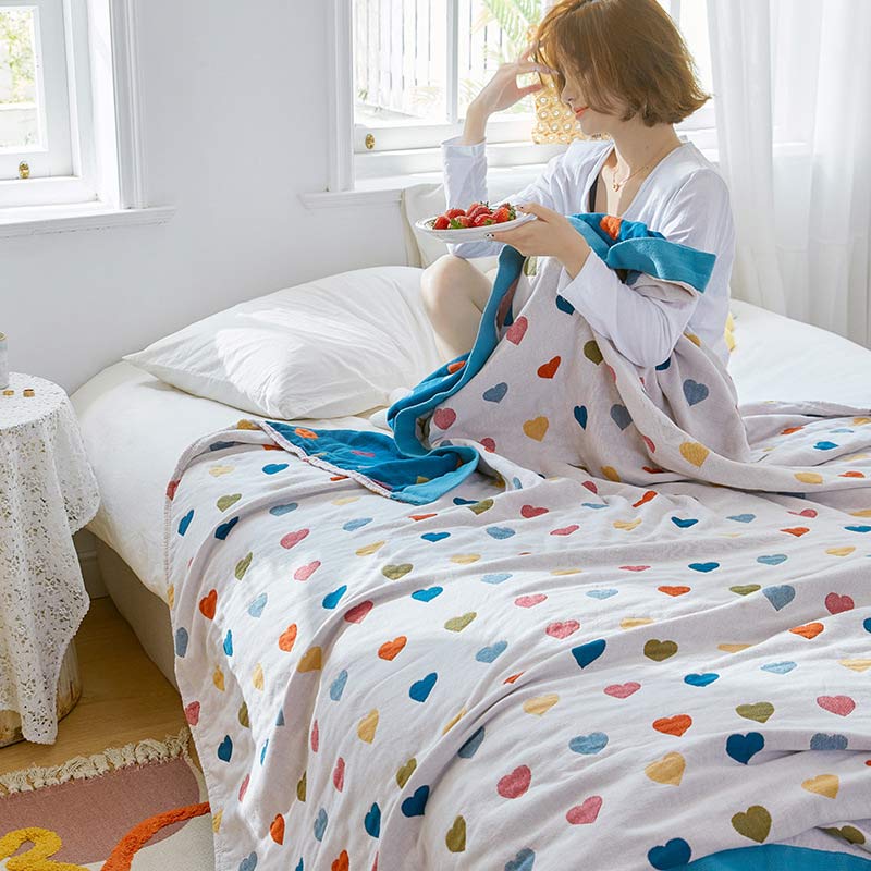 Brighthowl Colorful Hearts Cotton Gauze Reversible Quilt