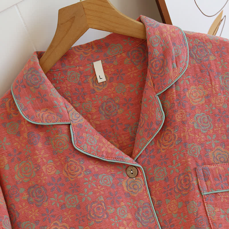 Brighthowl Rose Flower Cotton Lapel Nightwear Set