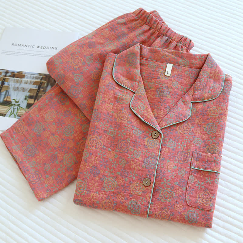 Brighthowl Rose Flower Cotton Lapel Nightwear Set